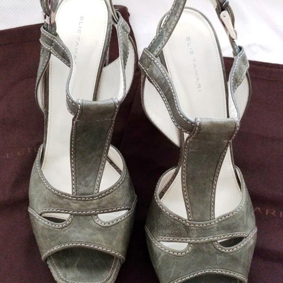 Elie Tahari Distressed Green Leather Platform Chunky Heeled Sandals Size 10 EUC - Picture 7 of 9